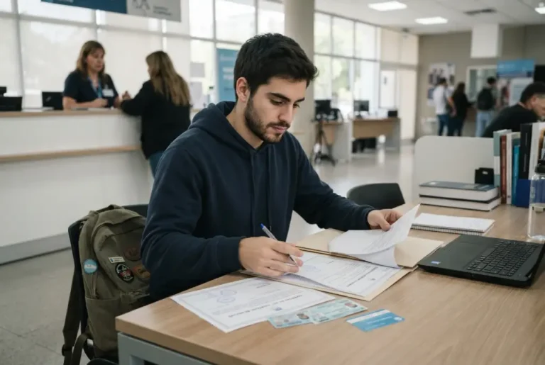 Estudiante universitario revisando documentación para mantener la cobertura de salud como hijo estudiante.