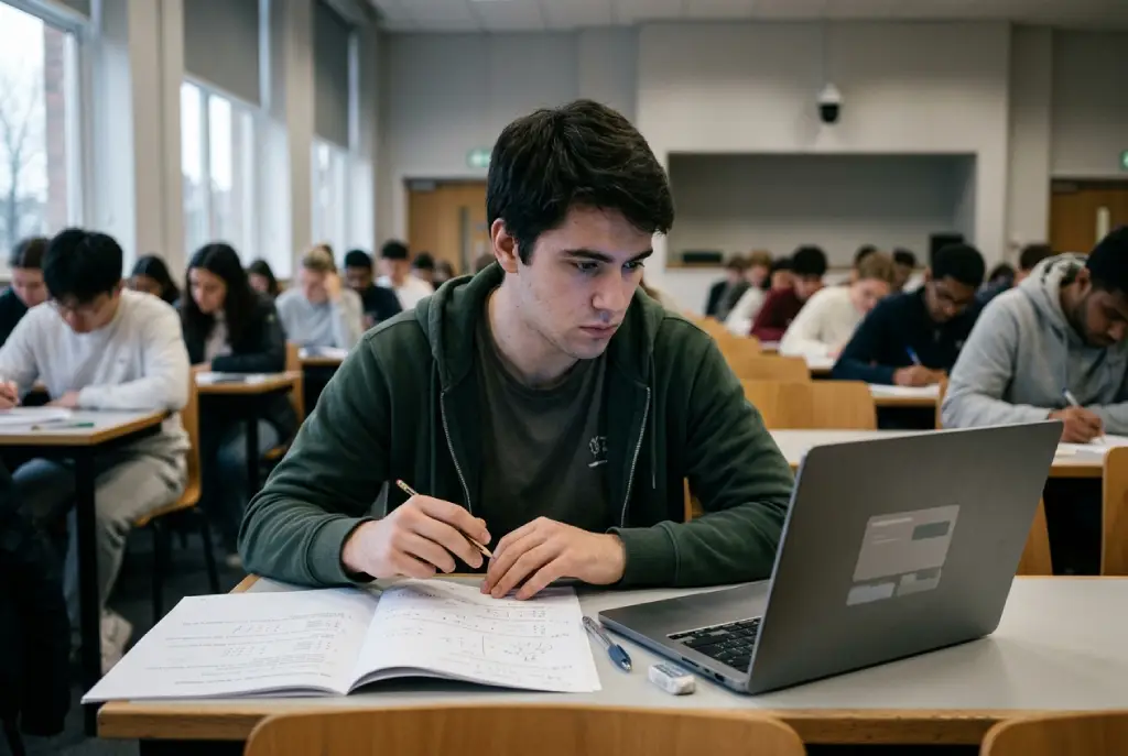 Estudiante universitario durante un examen frente a una computadora con inteligencia artificial, mientras una cámara de vigilancia observa desde el fondo del aula.