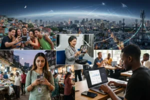 Personas de distintas partes del mundo utilizan dispositivos digitales mientras una red de conexiones representa la expansión global de Internet, las redes sociales y la inteligencia artificial.