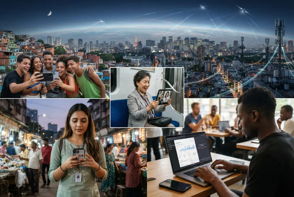 Personas de distintas partes del mundo utilizan dispositivos digitales mientras una red de conexiones representa la expansión global de Internet, las redes sociales y la inteligencia artificial.