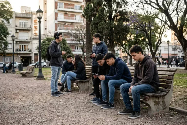 Jóvenes argentinos reunidos en una plaza, algunos usando sus teléfonos mientras otro permanece apartado, reflejando el aislamiento y la pérdida de vínculos cercanos en una generación hiperconectada.