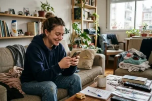 ersona joven usando redes sociales en casa y celebrando pequeños logros cotidianos en un entorno espontáneo.