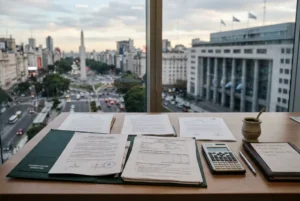 Escritorio con documentos y vista a Buenos Aires, incluyendo el Obelisco y el edificio del Ministerio de Economía.