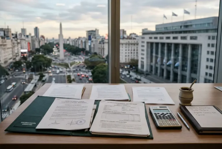 Escritorio con documentos y vista a Buenos Aires, incluyendo el Obelisco y el edificio del Ministerio de Economía.
