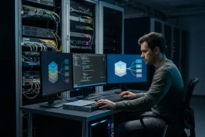 Cuatro libertades del software libre representadas mediante una infraestructura digital abierta y colaborativa.